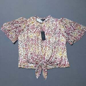 HAVER. London Ikat Print Tie-Front Ruffle Neck Blouse, Size XL